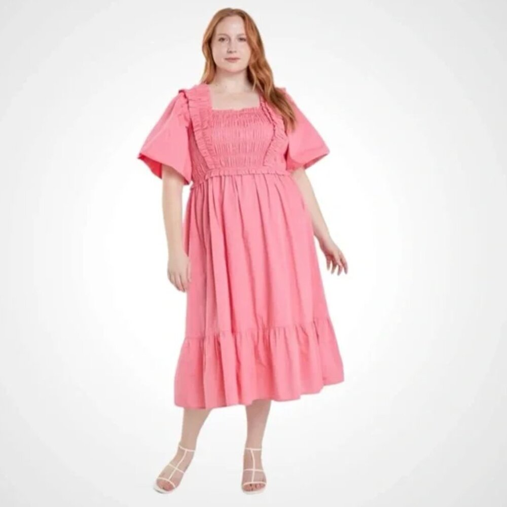 English Factory Polished Cotton Smocked Pink Dress – Size 2X – NWT